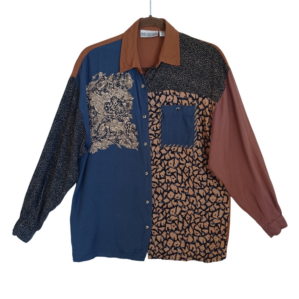 Together! Vintage 90s Mixed Print Patchwork Rayon Button Down Shirt Missy Medium